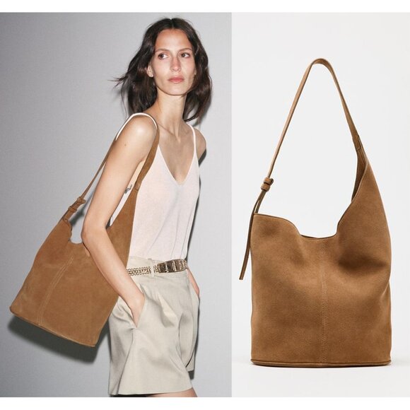 NEW ZARA asymmetric soft split leather bucket bag 6101 - Picture 1 of 7